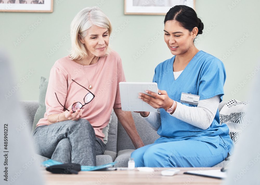 See... your results look good. Shot of a female nurse using a digital tablet while sitting with her patient. See... your results look good. Shot of a female nurse using a digital tablet while sitting with her patient.