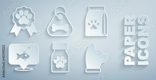 Set Medicine bottle and pills, Bag of food for pet, Fish, Cat, Dog collar with bone and Pet award symbol icon. Vector