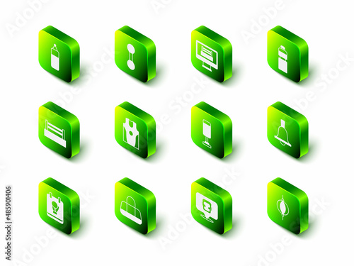 Set Dumbbell, Boxing ring, Fitness shaker, Punching bag, helmet and Sport icon. Vector