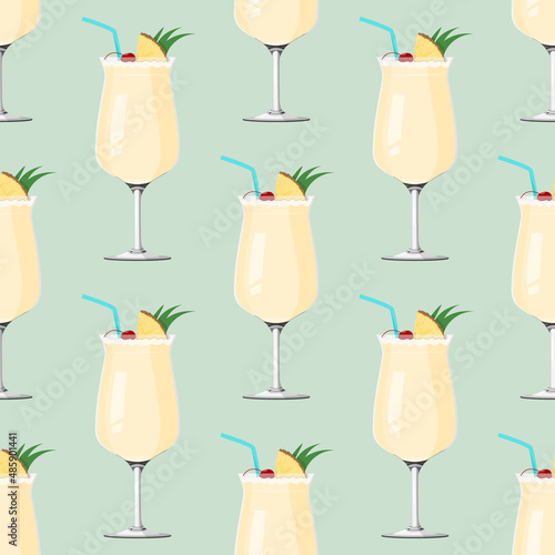 Tropical drink Pina Colada background. Alcohol drink seamless pattern.