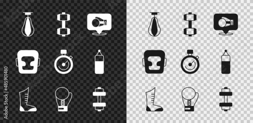 Set Punching bag, Dumbbell, Boxing glove, Sport boxing shoes, helmet and Stopwatch icon. Vector