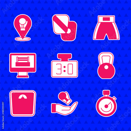 Set Sport mechanical scoreboard, Boxing glove, Stopwatch, Weight, Bathroom scales, ring, short and icon. Vector