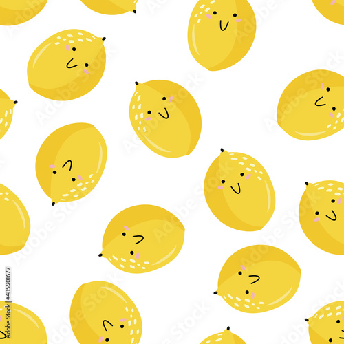 Simple cute lemon with smile background. Minimal flat style fruits seamless pattern.