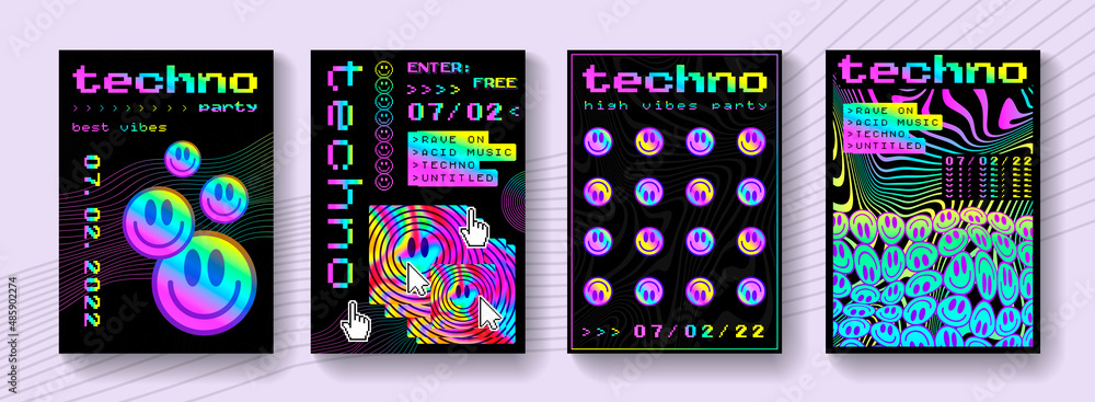 Set Of Abstract Rave Psychedelic Posters. Cool Colorful Rainbow Acid Art. - obrazy, fototapety, plakaty 