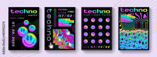 Set Of Abstract Rave Psychedelic Posters. Cool Colorful Rainbow Acid Art.