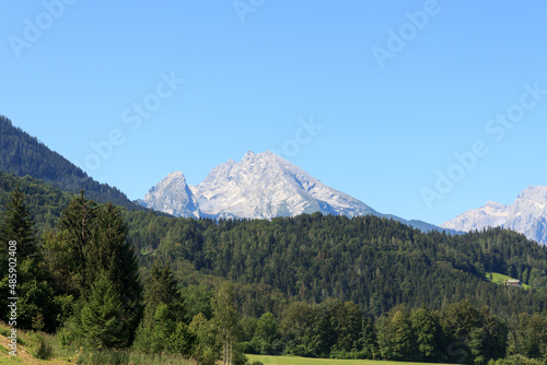Panorama view with alpine mountain Watzmann and blue sky in Berchtesgaden, Germany