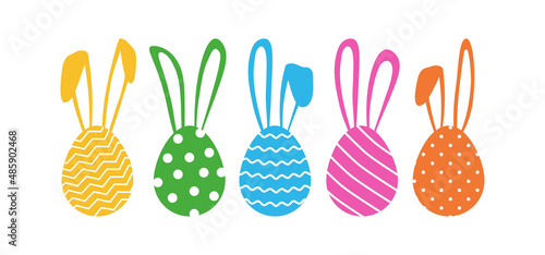 Easter eggs rainbow vector icon, bunny ears, Easter egg hunt, colorful costume rabbits, cute cartoon characters. Holiday illustration