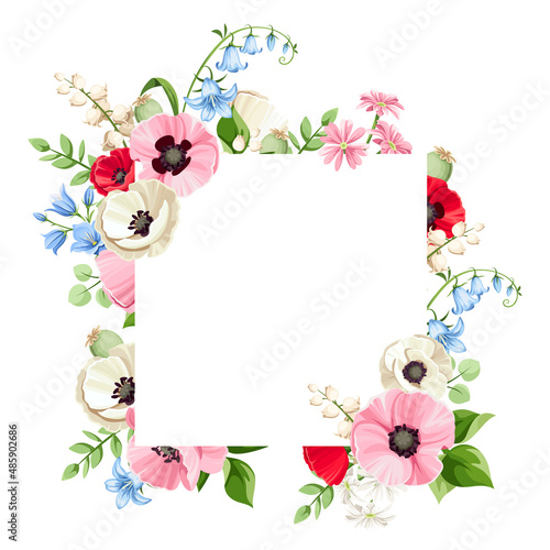 Card with red, pink, white, and blue poppy, bluebell, and lily of the valley flowers. Vector greeting or invitation card design