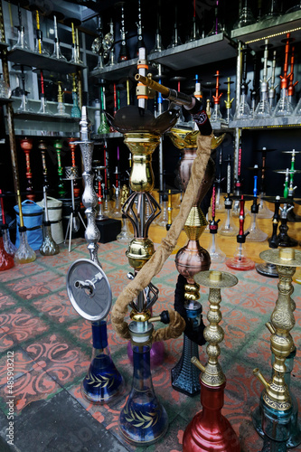 Traditional Shisha Nargile water pipes are seen for sell in a shop of Istanbul old city, Turkey.