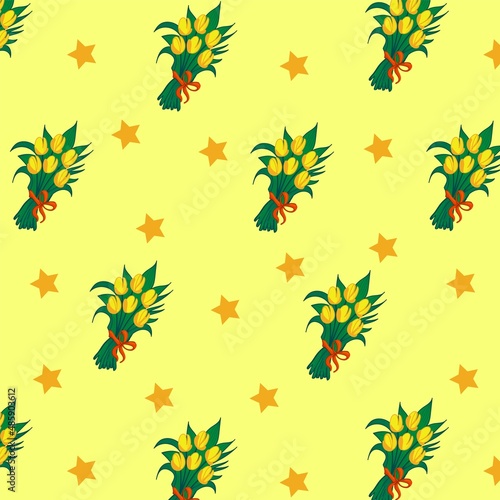 Beautiful bouquets of tulips tied with a red ribbon on a yellow background with stars. Seamless pattern vintage. trend print for textiles and wallpaper.