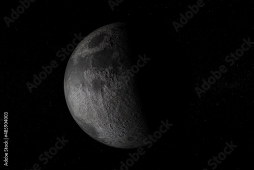 A computer graphic rendering of the Moon. 3D rendering. Elements of this image furnished by NASA