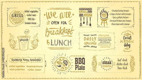 Barbecue cafe menu board template, vector menu board with BBQ symbols and dishes lettering