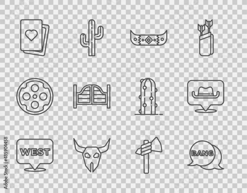 Set line Pointer to wild west, Bang boom, gun Comic, Kayak or canoe and paddle, Buffalo skull, Deck of playing cards, Saloon door, Tomahawk axe and Location cowboy icon. Vector