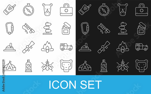Set line Monkey, Off road car, Lighter, Rhinoceros, Fishing rod, Carabiner, Walkie talkie and Road traffic sign icon. Vector