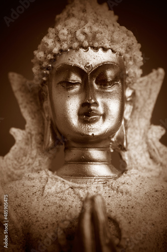 Macro Image of Sepia Toned Golden Gautama Buddha on Black
