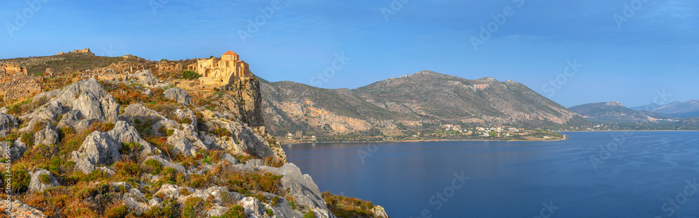 Panorama of Church of St. Sophia in medieval castle town of Monemvasia in Lakonia at sunrise, Peloponnese, Greece.