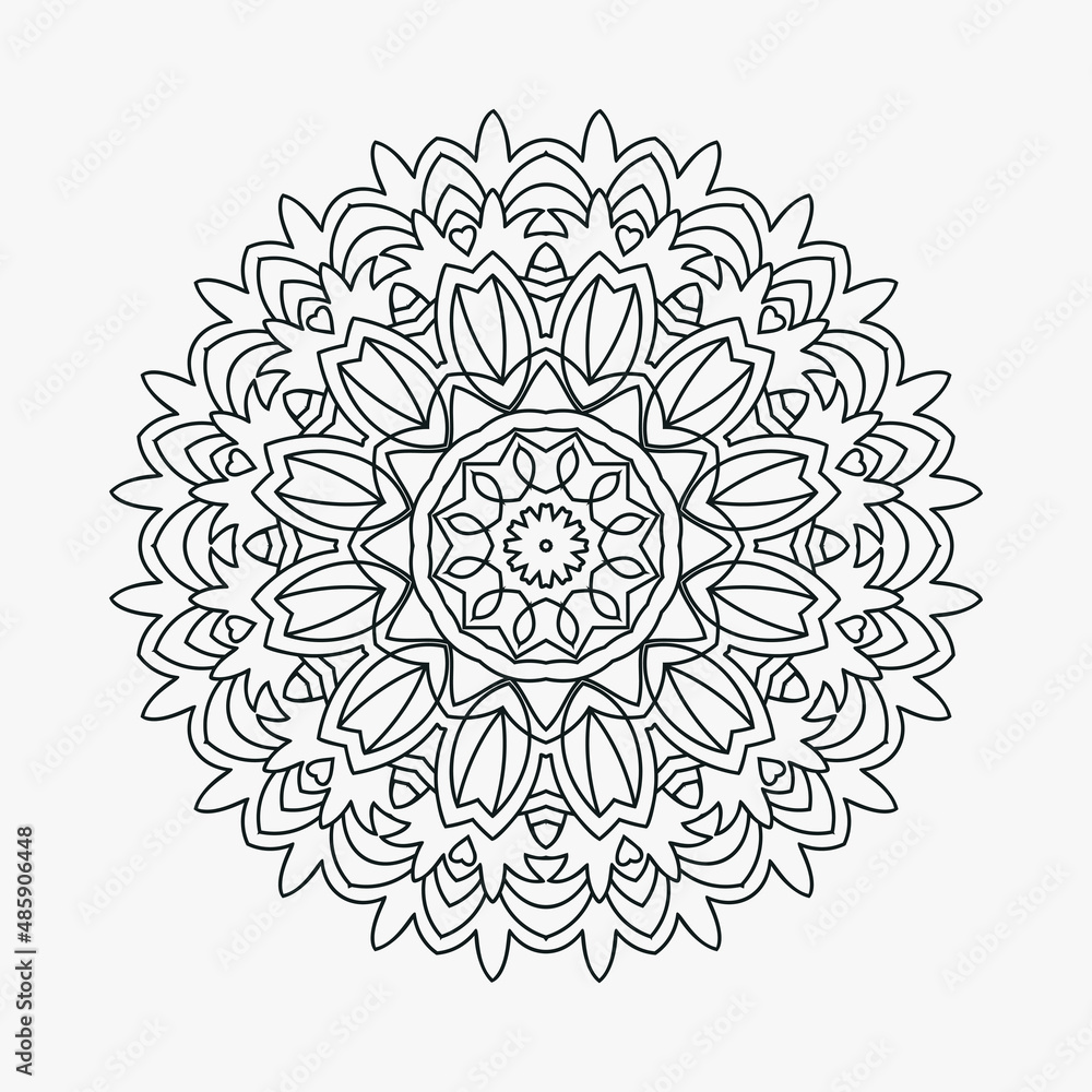 Coloring page mandala pattern vector. Flower mandala line art. Decorative mandala ornament for coloring pages. Black and white mandala ornament line art. Indian style decoration element.