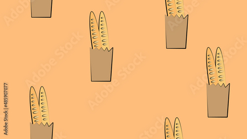 baguette bag on orange background, vector illustration, pattern. baguette in a paper bag, bakery food. seamless illustration, wallpaper for cafe and bakery