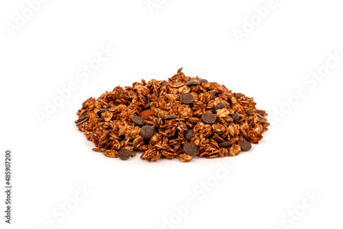 Nut Granola isolated on white background, copy space. Healthy snack or breakfast concept - homemade granola with grains and nuts.