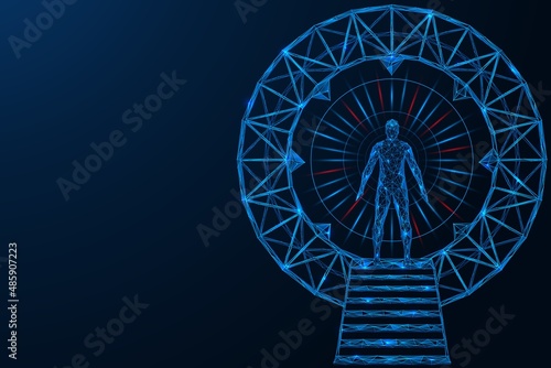 A man in front of the portal entrance. Polygonal design of interconnected lines and points. Blue background.
