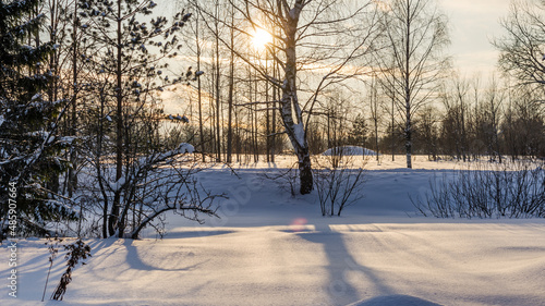Sunset in winter time. Winter landscape 
