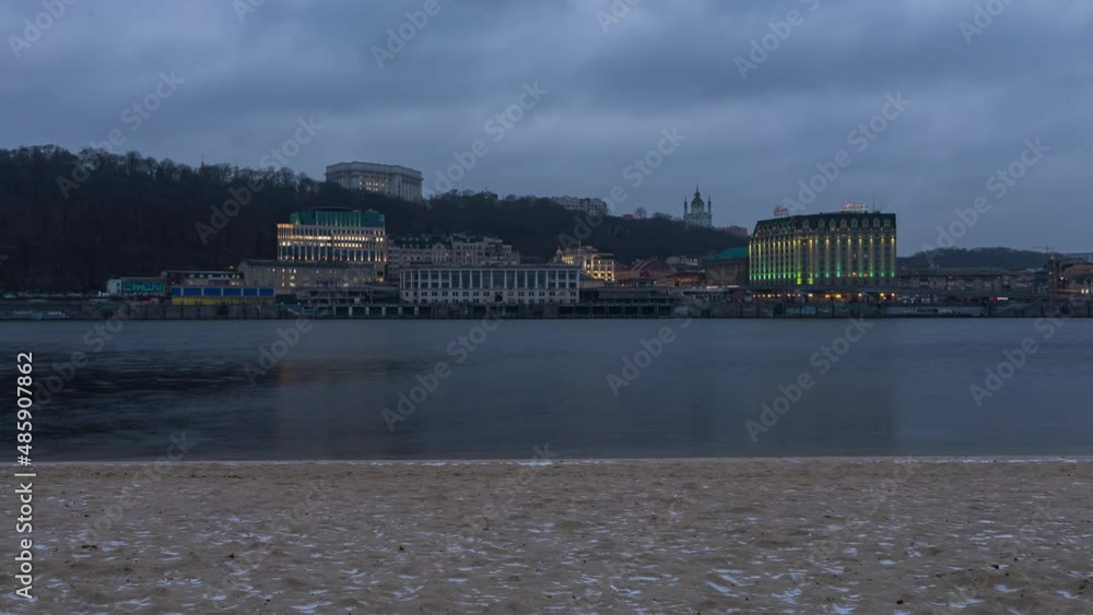Timelapse Day to Night Right Bank Dniepro River in Kyiv, Ukraine. Podil is the old part of the city. Timelapse Day to Night Right Bank Dniepro River in Kyiv, Ukraine. Podil is the old part of the city.
