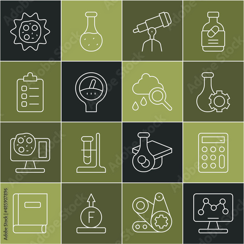 Set line Genetic engineering, Calculator, Test tube, Telescope, Gauge scale, To do list planning, Virus and Cloud with rain icon. Vector
