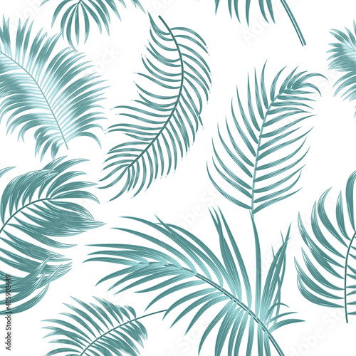 Tropical vector seamless pattern with  leaves of palm tree and flowers © Artlu