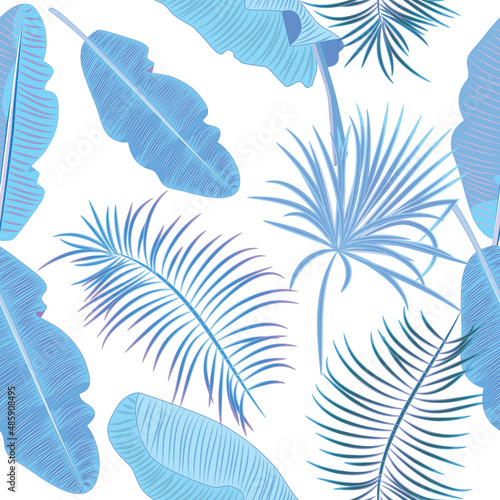 Blue tropical jungle palm tree leaves seamless vector pattern. Botany background, jungle wallpaper