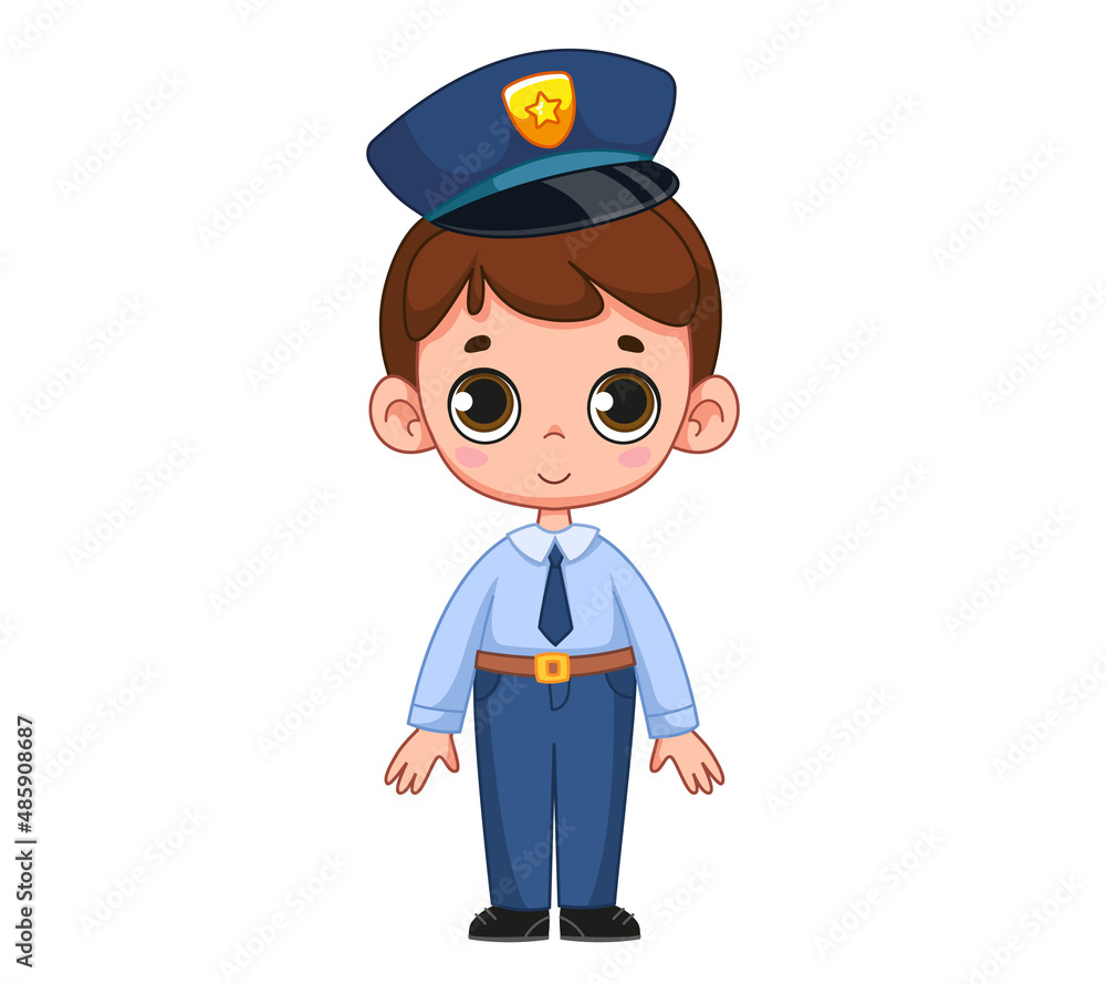 Cute cartoon boy schoolboy dressed as a police officer. The concept of choosing a profession by a schoolboy. Vector illustration of a character in a childish style. Isolated funny clipart. policeman. Cute cartoon boy schoolboy dressed as a police officer. The concept of choosing a profession by a schoolboy. Vector illustration of a character in a childish style. Isolated funny clipart. policeman.