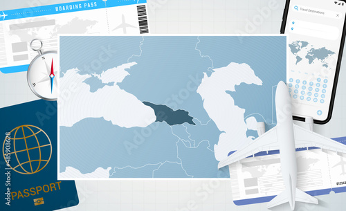 Journey to Georgia, illustration with a map of Georgia. Background with airplane, cell phone, passport, compass and tickets.