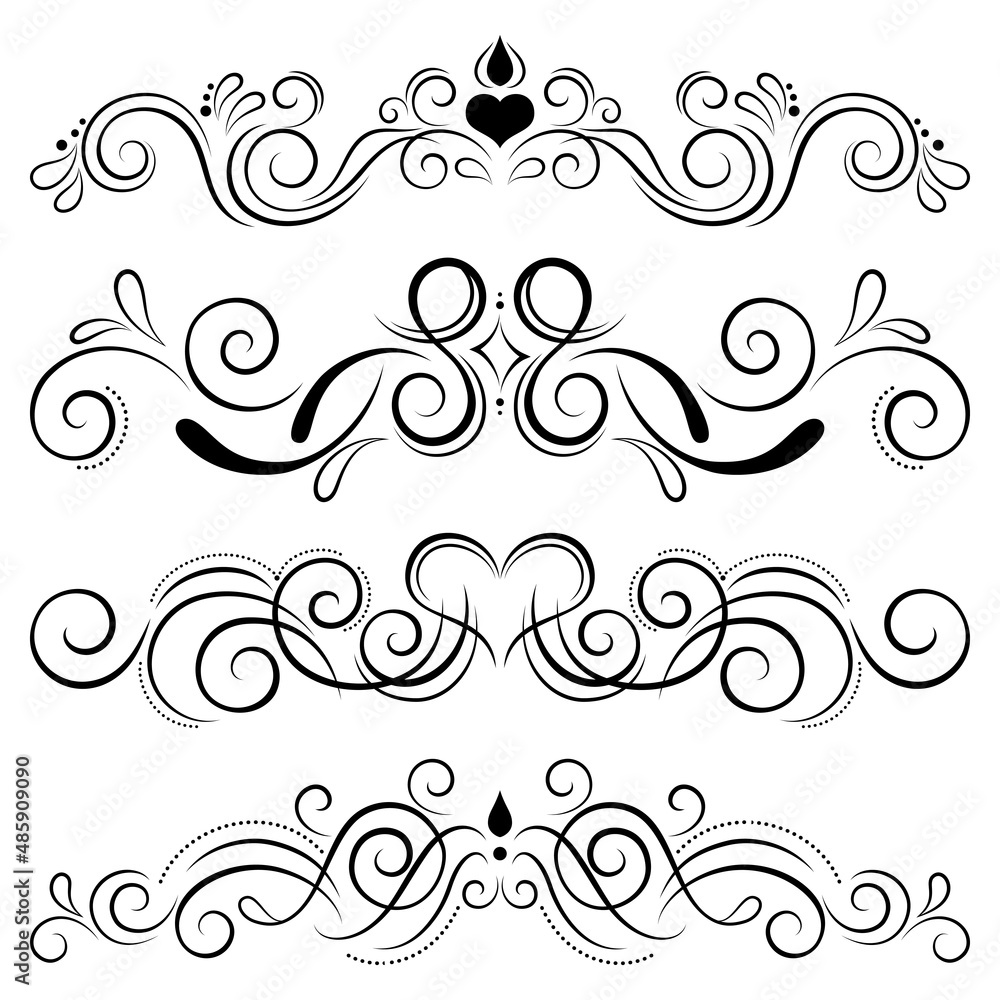 Vignettes, swirls, frames, graphic vector elements isolated on white background.