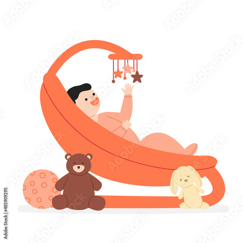 Kid toddler in baby bouncer vector illustration. Flat style cute infant child with pacifier sitting in swing chair and watching rattle toys, isolated on white background