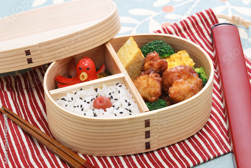 japanese homemade packed lunch in wooden bento box