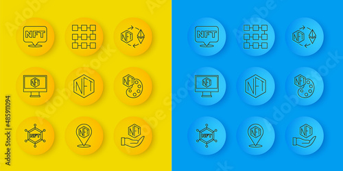Set line NFT blockchain technology, Monitor with art store app, Digital crypto, Ethereum exchange and icon. Vector