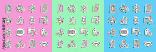 Set line NFT Digital crypto art, blockchain technology, Laptop with store app, Ethereum ETH and Cyber security icon. Vector