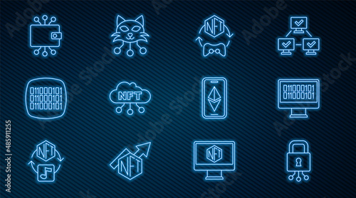 Set line Cyber security, Binary code, NFT Digital crypto art, cloud, Cryptocurrency wallet, Ethereum ETH and icon. Vector