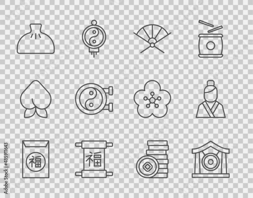 Set line Chinese New Year, Gong musical instrument, Traditional paper fan, Dumpling, Yin Yang symbol, Yuan currency and Asian woman icon. Vector