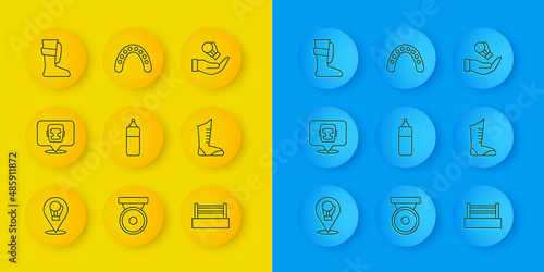 Set line Boxing glove, helmet, Punching bag, ring, Sport boxing shoes, and Mouth guard boxer icon. Vector