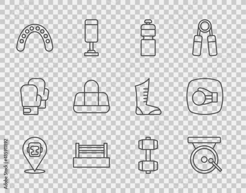 Set line Boxing helmet, gong, Fitness shaker, ring, Mouth guard boxer, Sport bag, Dumbbell and glove icon. Vector
