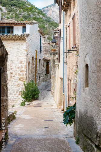 Saint-Guilhem-le-Desert in France, view of the village, typical street and houses  © Pascale Gueret