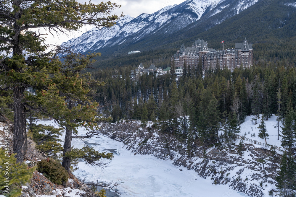 Banff Springs Hotel in winter. A historic landmark opened in 1888. Banff National Park. Canadian Rockies.