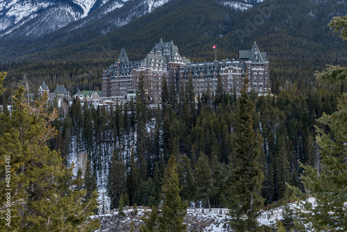 Banff Springs Hotel in winter. A historic landmark opened in 1888. Banff National Park. Canadian Rockies.	 photo