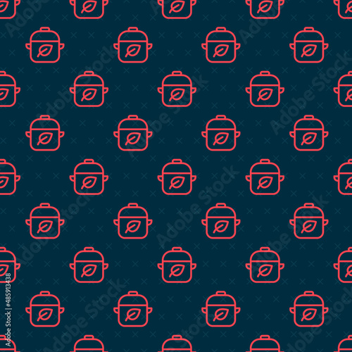 Red line Vegan food diet icon isolated seamless pattern on black background. Organic, bio, eco symbol. Vegan, no meat, lactose free, healthy, fresh and nonviolent food. Vector