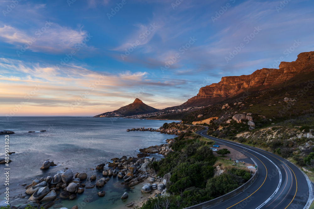 View of Lion’s Head mountain and Twelve Apostles sunset, Victoria Road, Oudekraal, Cape Town, South Africa. View of Lion’s Head mountain and Twelve Apostles sunset, Victoria Road, Oudekraal, Cape Town, South Africa.