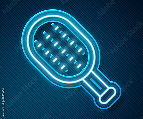 Glowing neon line Sauna brush icon isolated on blue background. Wooden brush with coarse bristles for washing in the bath. Anti cellulite massage. Vector