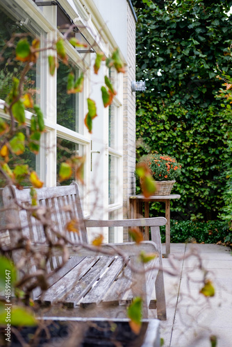 Wooden bench in garden near windows