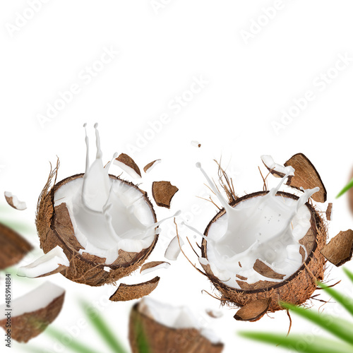 Coconut pieces flying in the air, isolated on white.