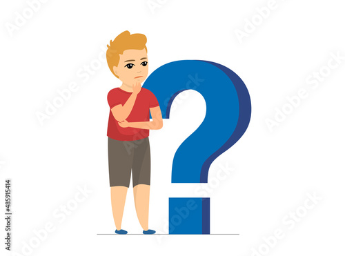 Indecisive boy standing near large blue question mark on white background. Concept of getting knowledge by thoughtful young male. Ask questions and look for answers concept. Vector eps illustration