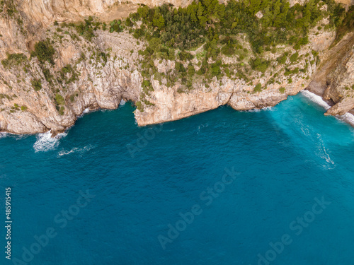 The famous Amalfi Coast, view of the cliffs and the sea from a drone. Popular tourist destination in Italy